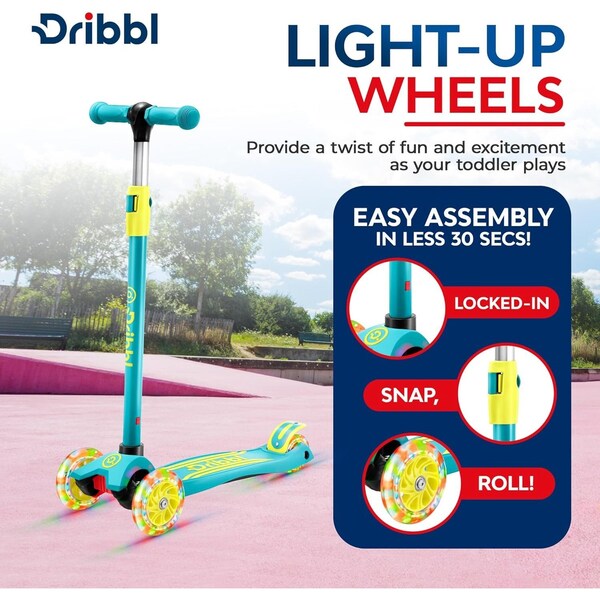 Dribbl 3-Wheel Kids Scooter, Lean-to-Steer, Adjustable Handle, Wide Deck, Aqua/Yellow, Ages 2+ - DBKS05