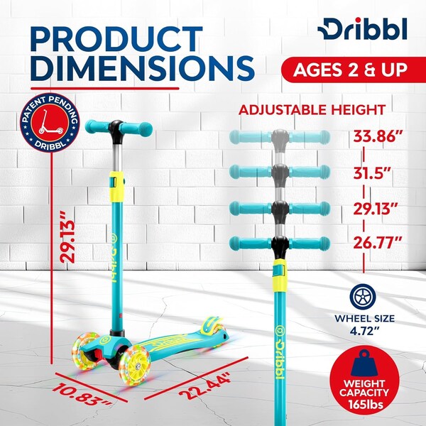 Dribbl 3-Wheel Kids Scooter, Lean-to-Steer, Adjustable Handle, Wide Deck, Aqua/Yellow, Ages 2+ - DBKS05