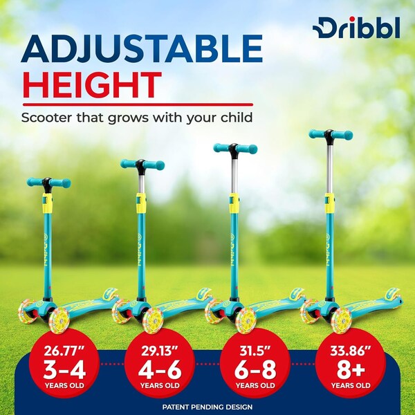 Dribbl 3-Wheel Kids Scooter, Lean-to-Steer, Adjustable Handle, Wide Deck, Aqua/Yellow, Ages 2+ - DBKS05