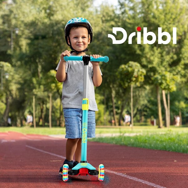 Dribbl 3-Wheel Kids Scooter, Lean-to-Steer, Adjustable Handle, Wide Deck, Aqua/Yellow, Ages 2+ - DBKS05
