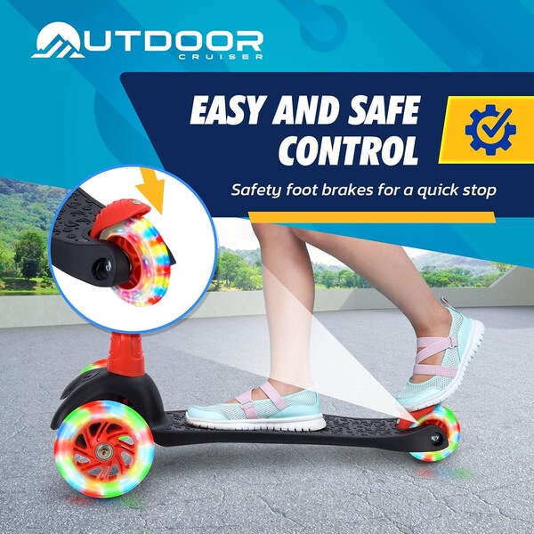 Outdoorcruiser Outdoor Cruiser 3-Wheel Kids Scooter, Lean-to-Steer, LED Wheels, Adjustable T-Bar, Black/Red - OCKSBR657