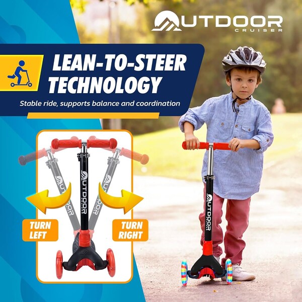 Outdoorcruiser Outdoor Cruiser 3-Wheel Kids Scooter, Lean-to-Steer, LED Wheels, Adjustable T-Bar, Black/Red - OCKSBR657