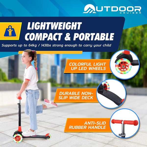 Outdoorcruiser Outdoor Cruiser 3-Wheel Kids Scooter, Lean-to-Steer, LED Wheels, Adjustable T-Bar, Black/Red - OCKSBR657