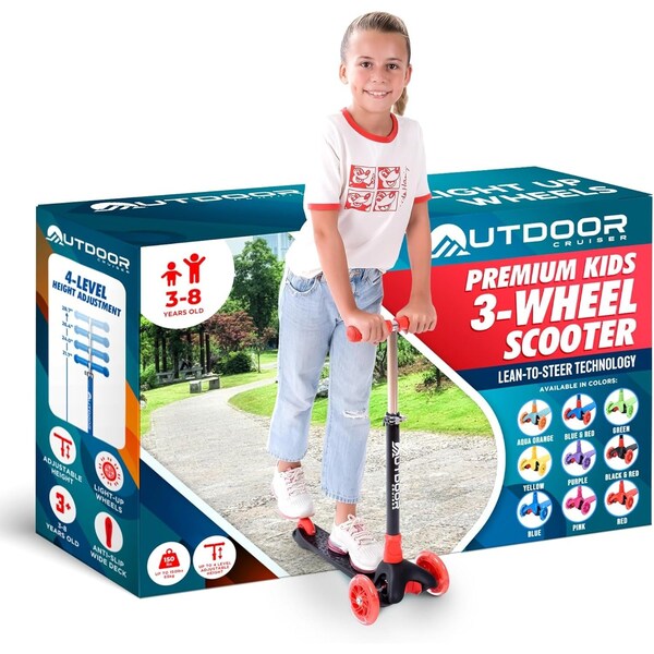 Outdoorcruiser Outdoor Cruiser 3-Wheel Kids Scooter, Lean-to-Steer, LED Wheels, Adjustable T-Bar, Black/Red - OCKSBR657