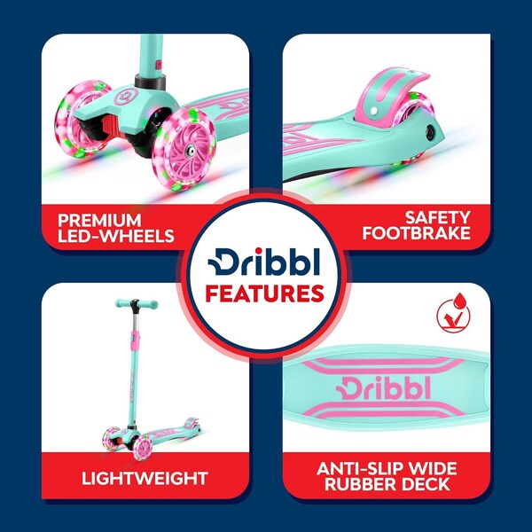 Dribbl 3-Wheel Kids Scooter, Lean-to-Steer, Adjustable Handle, Wide Anti-Slip Deck, Candy - DBKS10