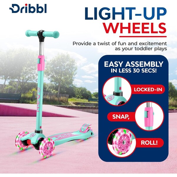 Dribbl 3-Wheel Kids Scooter, Lean-to-Steer, Adjustable Handle, Wide Anti-Slip Deck, Candy - DBKS10