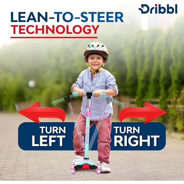 Dribbl 3-Wheel Kids Scooter, Lean-to-Steer, Adjustable Handle, Wide Anti-Slip Deck, Candy - DBKS10