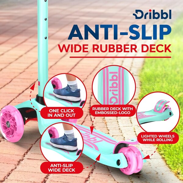 Dribbl 3-Wheel Kids Scooter, Lean-to-Steer, Adjustable Handle, Wide Anti-Slip Deck, Candy - DBKS10