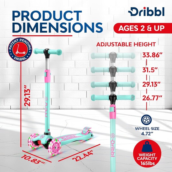 Dribbl 3-Wheel Kids Scooter, Lean-to-Steer, Adjustable Handle, Wide Anti-Slip Deck, Candy - DBKS10
