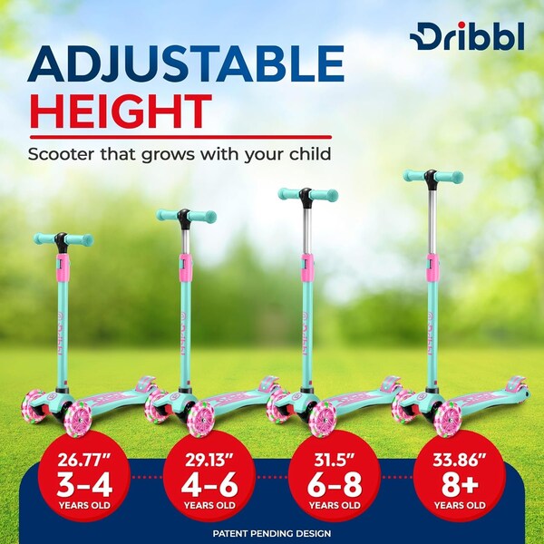Dribbl 3-Wheel Kids Scooter, Lean-to-Steer, Adjustable Handle, Wide Anti-Slip Deck, Candy - DBKS10
