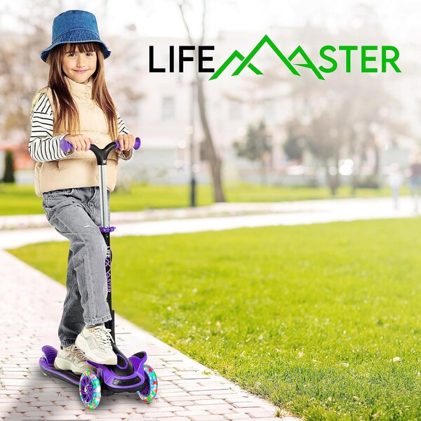 Lifemaster Kids 3-Wheel Scooter with Foldable Seat, LED Wheels, Adjustable Handlebar, Indoor/Outdoor Purple - LIFMS47