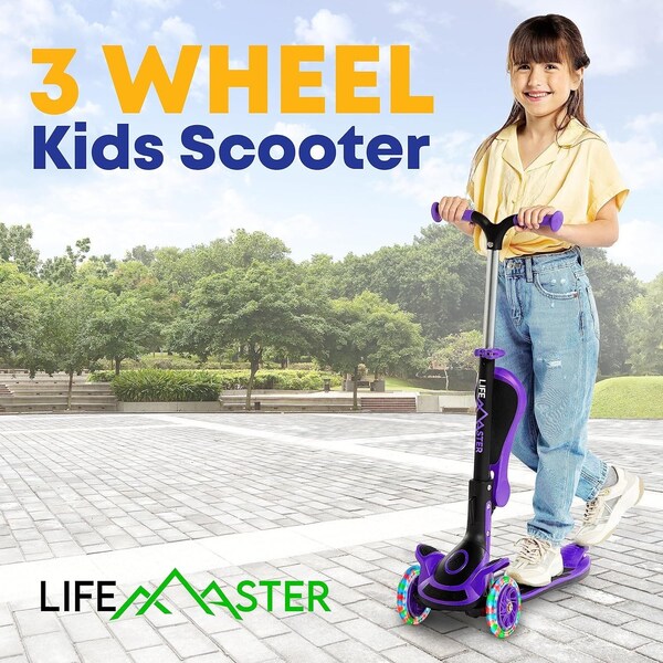 Lifemaster Kids 3-Wheel Scooter with Foldable Seat, LED Wheels, Adjustable Handlebar, Indoor/Outdoor Purple - LIFMS47