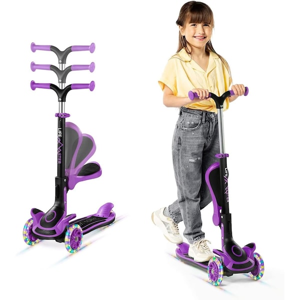 Lifemaster Kids 3-Wheel Scooter with Foldable Seat, LED Wheels, Adjustable Handlebar, Indoor/Outdoor Purple - LIFMS47