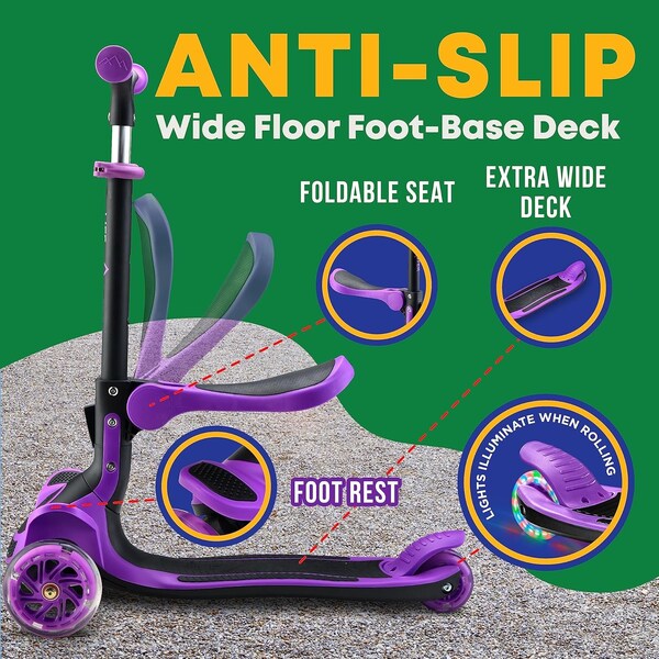 Lifemaster Kids 3-Wheel Scooter with Foldable Seat, LED Wheels, Adjustable Handlebar, Indoor/Outdoor Purple - LIFMS47