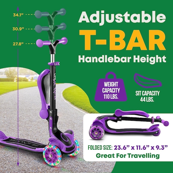 Lifemaster Kids 3-Wheel Scooter with Foldable Seat, LED Wheels, Adjustable Handlebar, Indoor/Outdoor Purple - LIFMS47