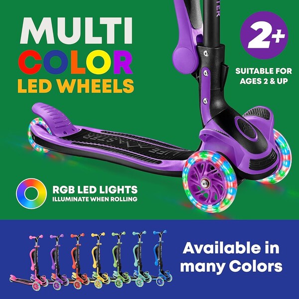 Lifemaster Kids 3-Wheel Scooter with Foldable Seat, LED Wheels, Adjustable Handlebar, Indoor/Outdoor Purple - LIFMS47