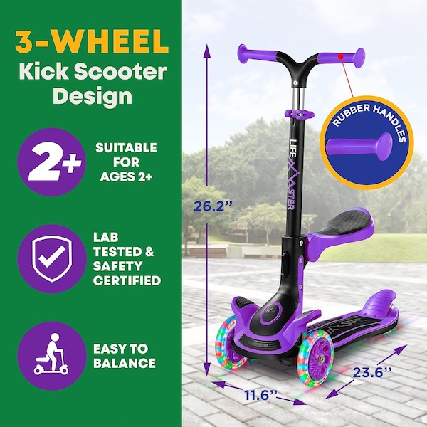 Lifemaster Kids 3-Wheel Scooter with Foldable Seat, LED Wheels, Adjustable Handlebar, Indoor/Outdoor Purple - LIFMS47