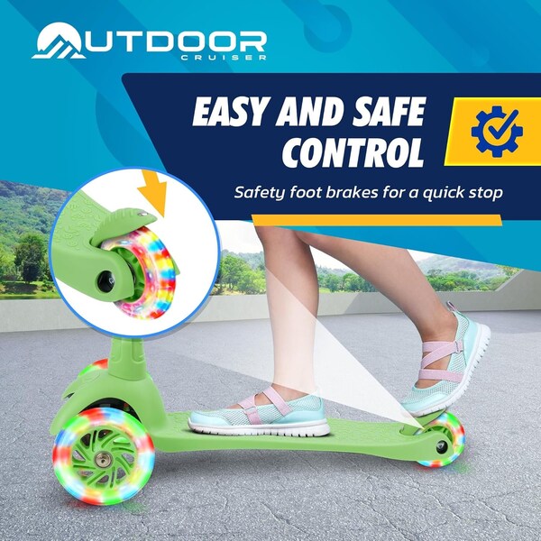 Outdoorcruiser Outdoor Cruiser 3-Wheel Kids Scooter, Lean-to-Steer, LED Wheels, Adjustable T-Bar, Green - OCKSGR