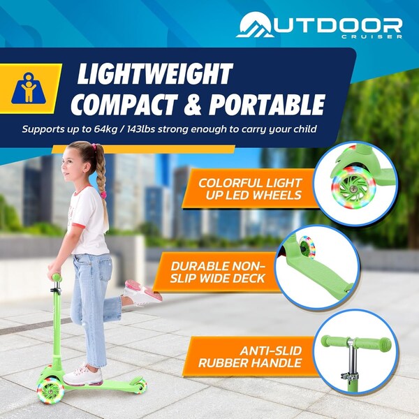 Outdoorcruiser Outdoor Cruiser 3-Wheel Kids Scooter, Lean-to-Steer, LED Wheels, Adjustable T-Bar, Green - OCKSGR