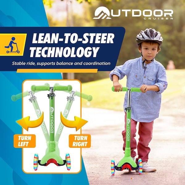 Outdoorcruiser Outdoor Cruiser 3-Wheel Kids Scooter, Lean-to-Steer, LED Wheels, Adjustable T-Bar, Green - OCKSGR