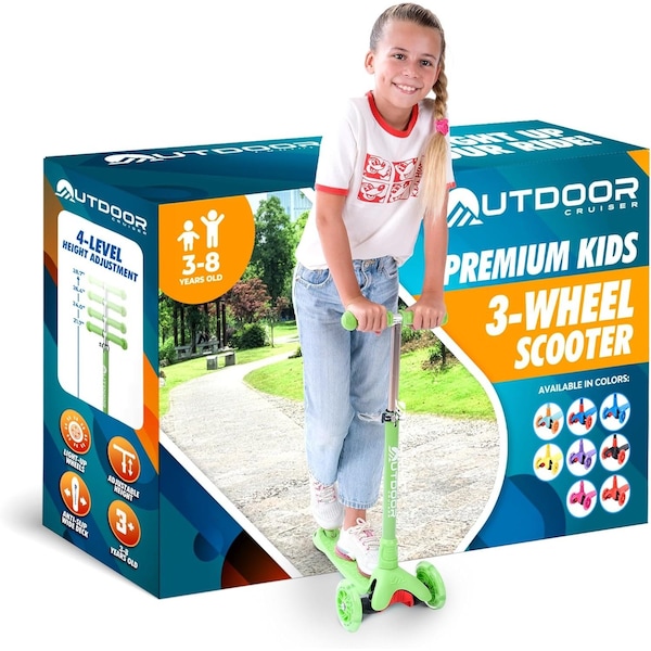Outdoorcruiser Outdoor Cruiser 3-Wheel Kids Scooter, Lean-to-Steer, LED Wheels, Adjustable T-Bar, Green - OCKSGR