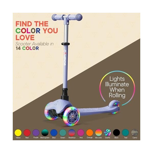 Campior Gray 3-Wheel Kids Scooter, LED Wheels, Adjustable Handlebar, Anti-Slip Deck, Ages 2+ - CAMKSGRAY