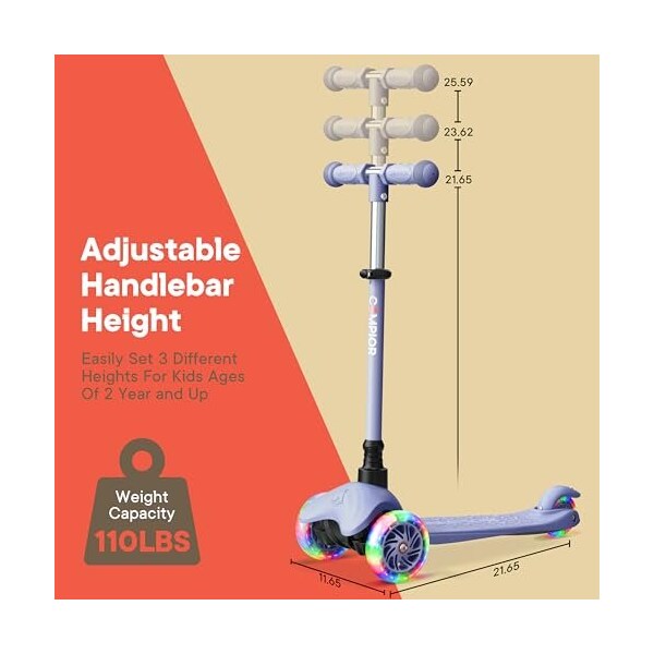 Campior Gray 3-Wheel Kids Scooter, LED Wheels, Adjustable Handlebar, Anti-Slip Deck, Ages 2+ - CAMKSGRAY