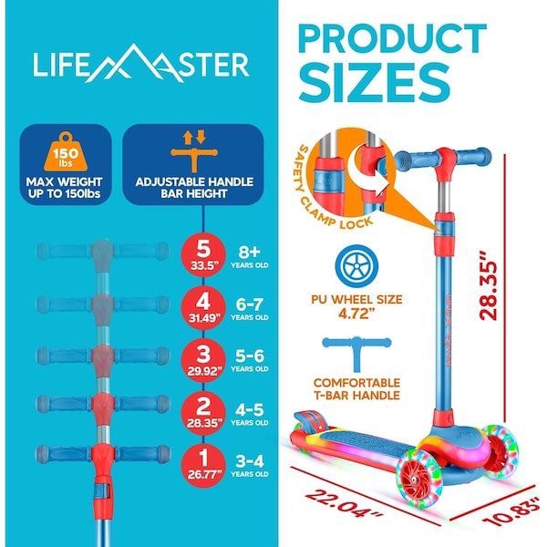 Lifemaster 3-Wheel Kids Scooter, LED Deck and Wheels, 5-Height Handlebar, Blue Red - LMLUSB64