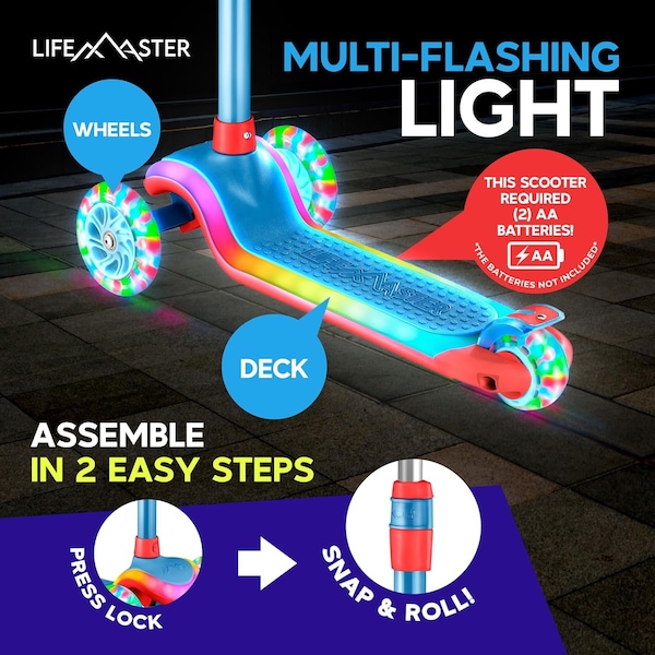 Lifemaster 3-Wheel Kids Scooter, LED Deck and Wheels, 5-Height Handlebar, Blue Red - LMLUSB64