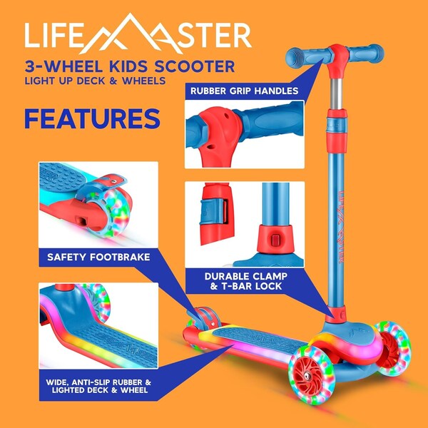 Lifemaster 3-Wheel Kids Scooter, LED Deck and Wheels, 5-Height Handlebar, Blue Red - LMLUSB64