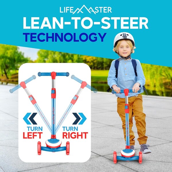 Lifemaster 3-Wheel Kids Scooter, LED Deck and Wheels, 5-Height Handlebar, Blue Red - LMLUSB64