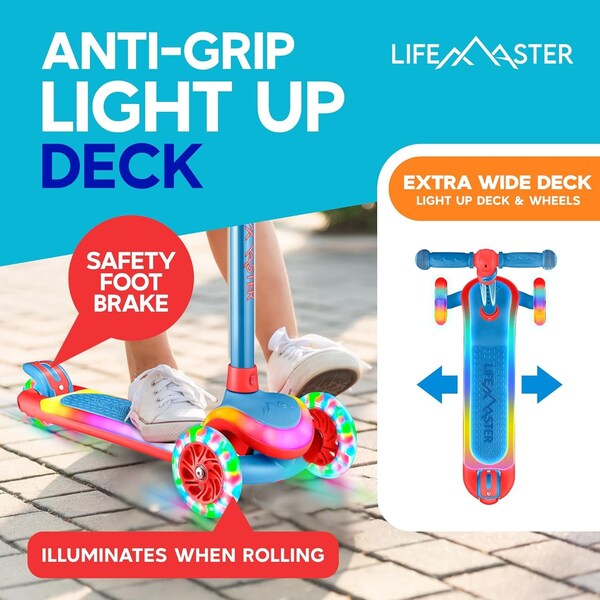 Lifemaster 3-Wheel Kids Scooter, LED Deck and Wheels, 5-Height Handlebar, Blue Red - LMLUSB64
