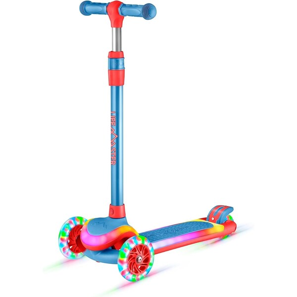 Lifemaster 3-Wheel Kids Scooter, LED Deck and Wheels, 5-Height Handlebar, Blue Red - LMLUSB64