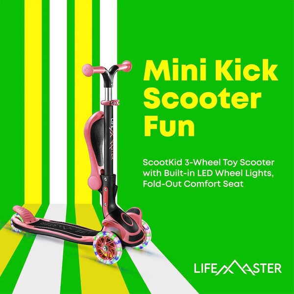 Lifemaster Kids 3-Wheel Scooter w/ Foldable Seat, LED Wheels, Adjustable Handlebar, Indoor/Outdoor Watermelon - LIFMS93