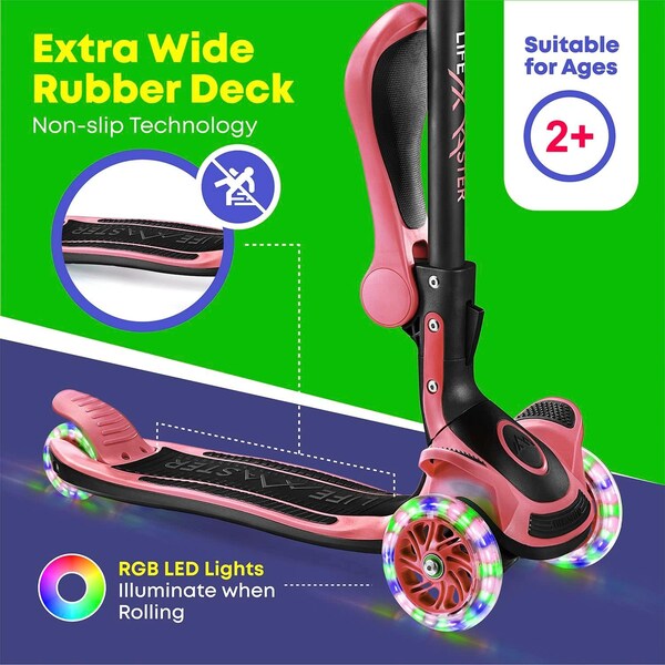 Lifemaster Kids 3-Wheel Scooter w/ Foldable Seat, LED Wheels, Adjustable Handlebar, Indoor/Outdoor Watermelon - LIFMS93