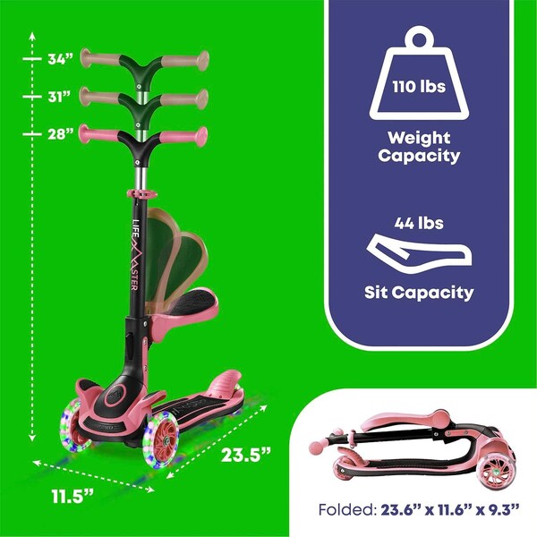 Lifemaster Kids 3-Wheel Scooter w/ Foldable Seat, LED Wheels, Adjustable Handlebar, Indoor/Outdoor Watermelon - LIFMS93