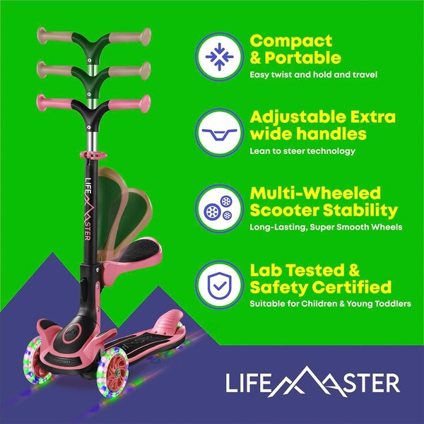 Lifemaster Kids 3-Wheel Scooter w/ Foldable Seat, LED Wheels, Adjustable Handlebar, Indoor/Outdoor Watermelon - LIFMS93