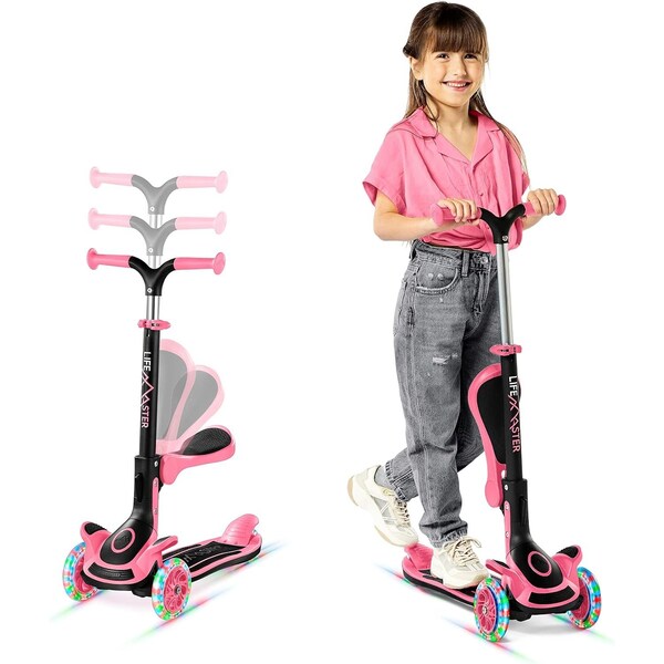 Lifemaster Kids 3-Wheel Scooter w/ Foldable Seat, LED Wheels, Adjustable Handlebar, Indoor/Outdoor Watermelon - LIFMS93