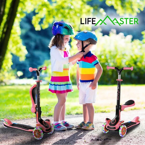 Lifemaster Kids 3-Wheel Scooter w/ Foldable Seat, LED Wheels, Adjustable Handlebar, Indoor/Outdoor Watermelon - LIFMS93