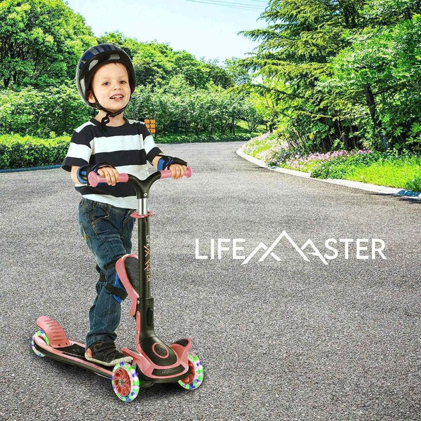 Lifemaster Kids 3-Wheel Scooter w/ Foldable Seat, LED Wheels, Adjustable Handlebar, Indoor/Outdoor Watermelon - LIFMS93