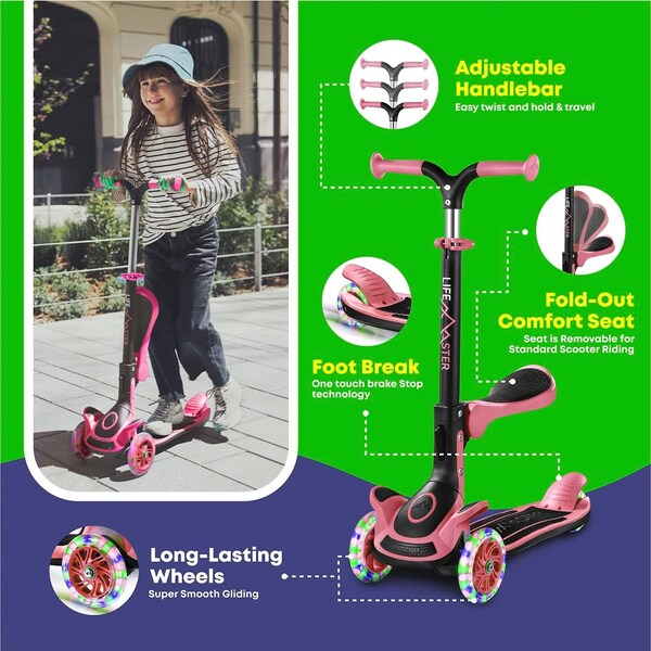 Lifemaster Kids 3-Wheel Scooter w/ Foldable Seat, LED Wheels, Adjustable Handlebar, Indoor/Outdoor Watermelon - LIFMS93