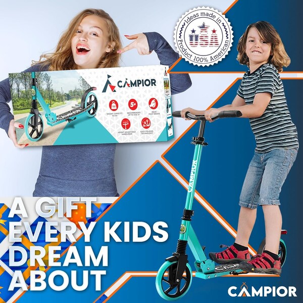 Campior Kick Scooter for Ages 6+, for Kids, Teens, and Adults, Max Load 240 LBS, Foldable, 8-inch Big Aqua - CAMTE046