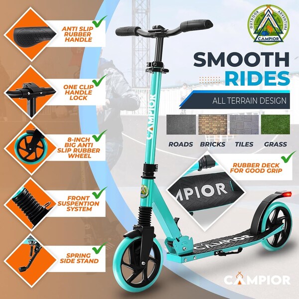Campior Kick Scooter for Ages 6+, for Kids, Teens, and Adults, Max Load 240 LBS, Foldable, 8-inch Big Aqua - CAMTE046