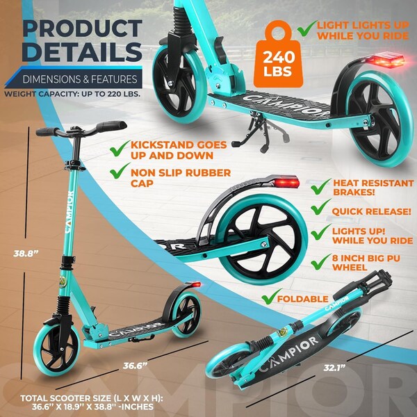 Campior Kick Scooter for Ages 6+, for Kids, Teens, and Adults, Max Load 240 LBS, Foldable, 8-inch Big Aqua - CAMTE046