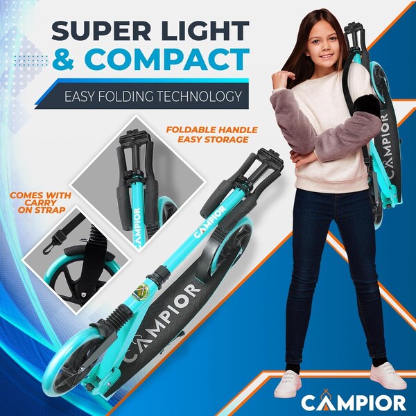 Campior Kick Scooter for Ages 6+, for Kids, Teens, and Adults, Max Load 240 LBS, Foldable, 8-inch Big Aqua - CAMTE046