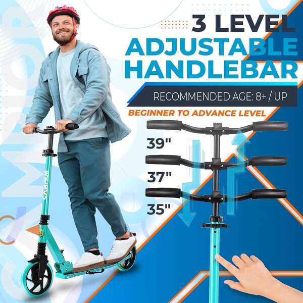 Campior Kick Scooter for Ages 6+, for Kids, Teens, and Adults, Max Load 240 LBS, Foldable, 8-inch Big Aqua - CAMTE046