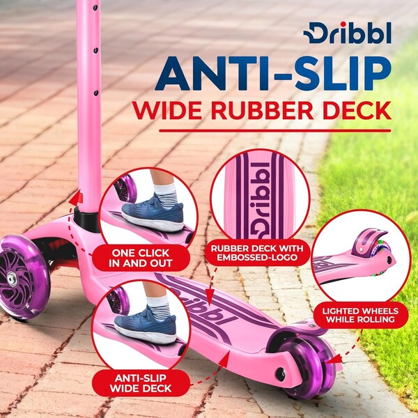 Dribbl 3-Wheel Kids Scooter, Lean-to-Steer, Adjustable Handle, Wide Deck, Purple/Pink, Ages 2+ - DBKS09