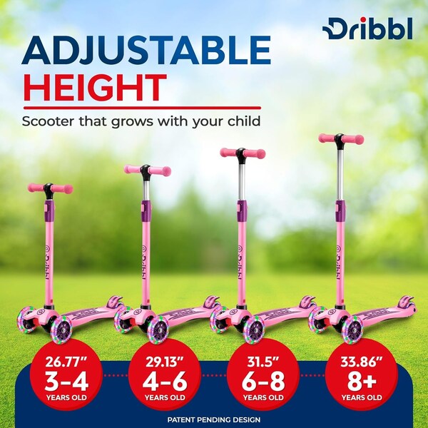 Dribbl 3-Wheel Kids Scooter, Lean-to-Steer, Adjustable Handle, Wide Deck, Purple/Pink, Ages 2+ - DBKS09