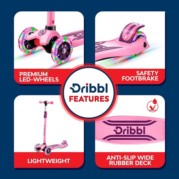 Dribbl 3-Wheel Kids Scooter, Lean-to-Steer, Adjustable Handle, Wide Deck, Purple/Pink, Ages 2+ - DBKS09