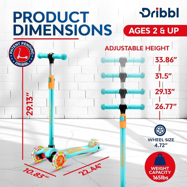 Dribbl 3-Wheel Kids Scooter, Lean-to-Steer, Adjustable Handlebar, Wide Deck, Light Blue/Orange - DBKS07